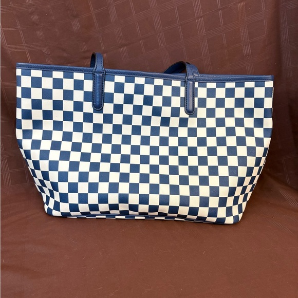 Don’t Panic Checkerboard Tote Bag w/ Matching Wristlet Pouch Navy Cream - Picture 4 of 7